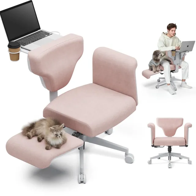 Newtral Ergonomische Bureaustoel met Inklapbaar Bureau & Bekerhouder - 7-voudig Verstelbare Stoel - Verstelbare Armleuning & Rugleuning - voor Werk, Laptop, Huisdieren en Ontspanning roze