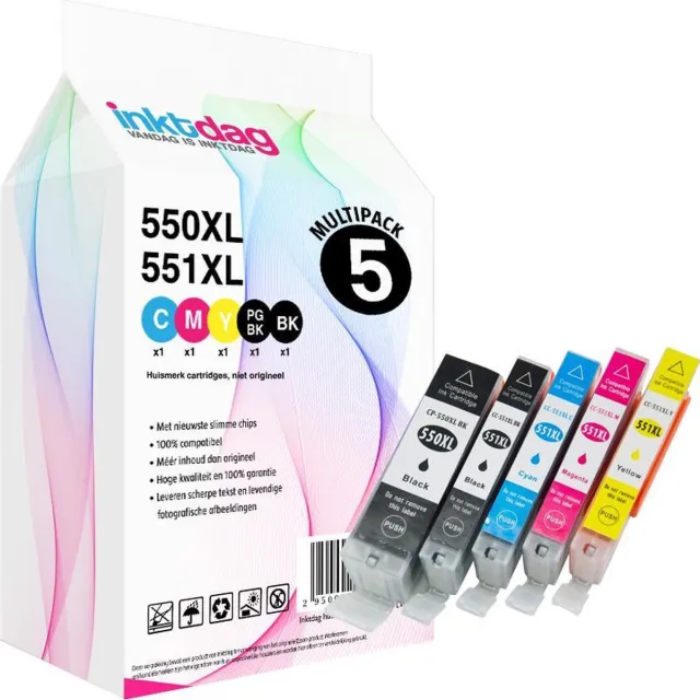 inktdag inktcartridges voor Canon PGI-550XL / CLI-551XL, Canon 550xl / 551xl inktcartridges multipack van 5 stuks voor Pixma IP7250, IP8750, IX6850, MG5450, MG5550, MG5600, MG5650, MG5655, MG6350, MG6450, MG6600, MG6650, MG7150, MG7550, MX720, MX925 Photo Zwart / Zwart/Cyaan / Magenta / Geel