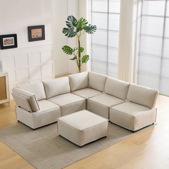 DESMIU Hoekbank 308 x 152 x 77 cm - Modulaire 6-Zits Bank Met Vrije Opstelling En Slaapfunctie - Voor Woonkamer - Linnen Beige