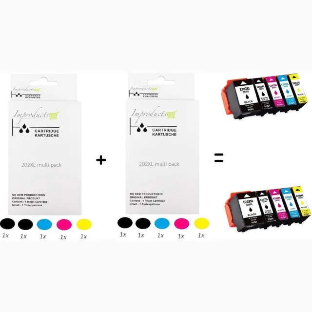 Improducts Inkt cartridges - Alternatief Epson 202XL / 202 10 stuks Multicolor - Zwart (2x), Cyaan (2x), Magenta (2x), Geel (2x) + Zwart foto (2x)