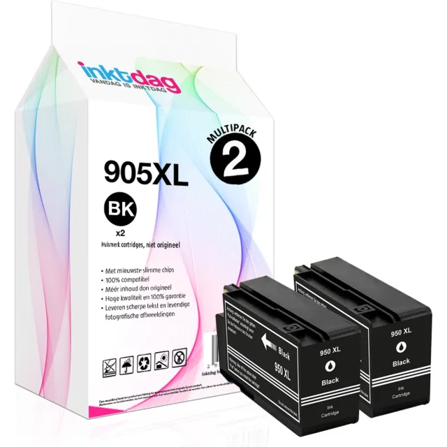 inktdag inktcartridge voor HP 950XL zwart 2 pcs multipack, HP 950 BK 2 pcs, hp 950XL BK 2 pcs multipack geschikt voor HP OfficeJet PRO 8100, 8600, 8600 Plus, 8610, 8615, 8620, 8630, 8640, 8660 (Mét chip) HP 950XL (Zwart) X 2 PCS