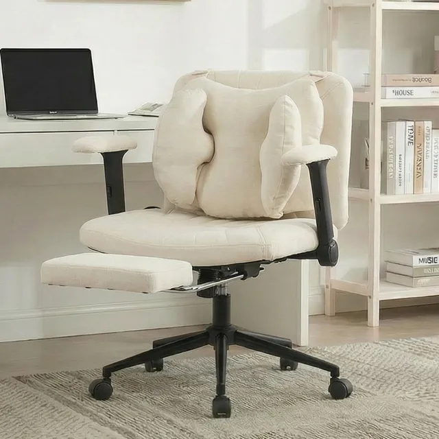 REDOM Bureaustoel - Verstelbare hoogte - 360° draaibaar met wielen - Voetsteun - Vaste armleuningen - 150 kg draagvermogen - Stof - Beige - 80 x 55 x 86 cm