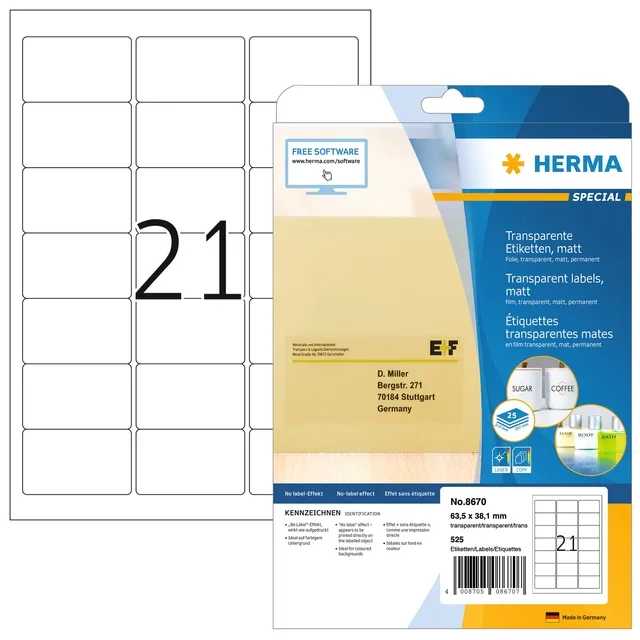 Herma Etiket HERMA 8670 A4 63.5x38.1mm folie transparant mat 525 stuks