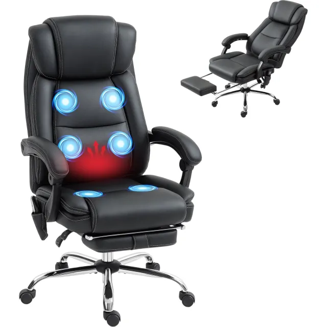 Homcom Massage Bureaustoel met Verwarming en Voetsteun - Ergonomische Bureaustoel - Relaxstoel - Zwart