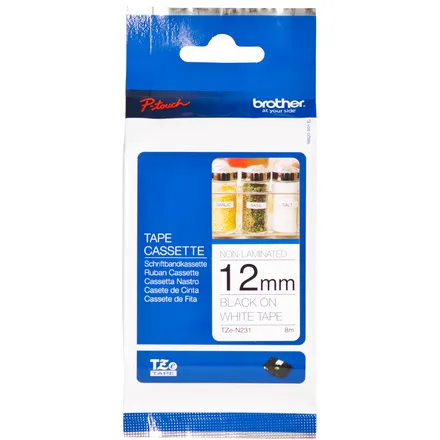 Brother Labeltape Brother P-touch TZe-N231 ongelamineerd 12mm zwart op wit