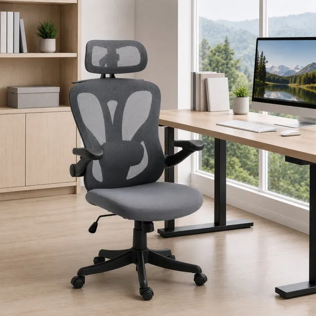 MUVANO Ergonomische bureaustoel met verstelbare hoofdsteun - Opklapbare armleuningen - Netbekleding - 71 x 66,5 x 114-126 cm - Voor thuiswerk en kantoor donkergrijs