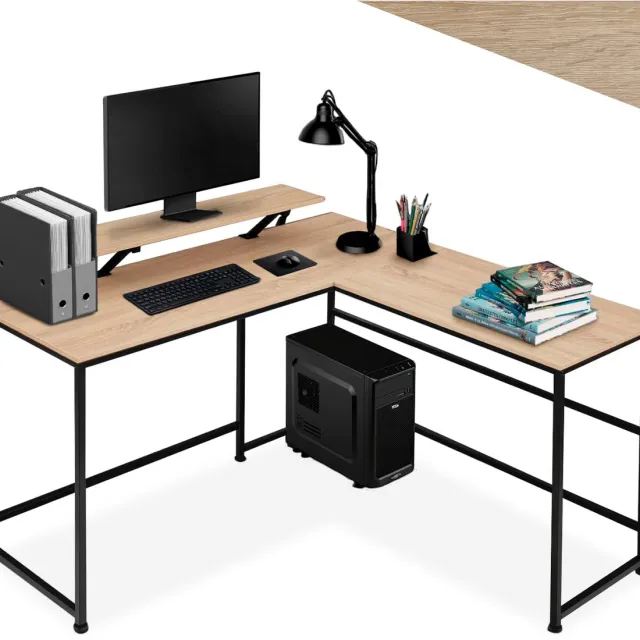 Tectake L-Vormig Bureau - 140 x 130 x 76,5 cm - Hoekbureau met Verplaatsbaar Monitor Opzetstuk - Vintage Industrieel Design van Hout en Metaal - Zwart Metalen Frame - Draagkracht Bureaublad 200 kg - Voor Thuiskantoor en Gamen - Lichtbruin