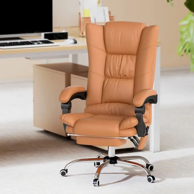 REDOM Bureaustoel - Massagefunctie en verwarmingsfunctie - Draaibaar en hoogteverstelbaar - Kantelbaar met voetsteun - Hoog model - Kunstleer - Bruin - 64 x 70 x 110-118 cm