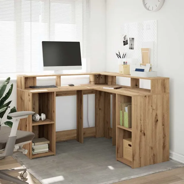 vidaXL Bureau met LED-verlichting 130x130x91 cm hout artisanaal eiken, foto 2