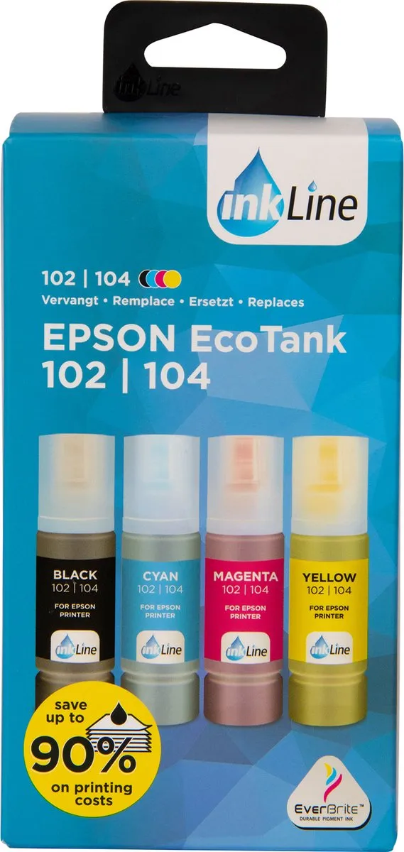 Pixeljet Epson Ecotank ET-2720 - ET-2825 - Ecotank Inkt 104 & 102 - Cartridges - Zwart & Kleur Epson Ecotank 104 Zwart x 1, Epson 104 Cyaan x 1, Epson 104 Magenta x 1, Epson 104 Geel x 1