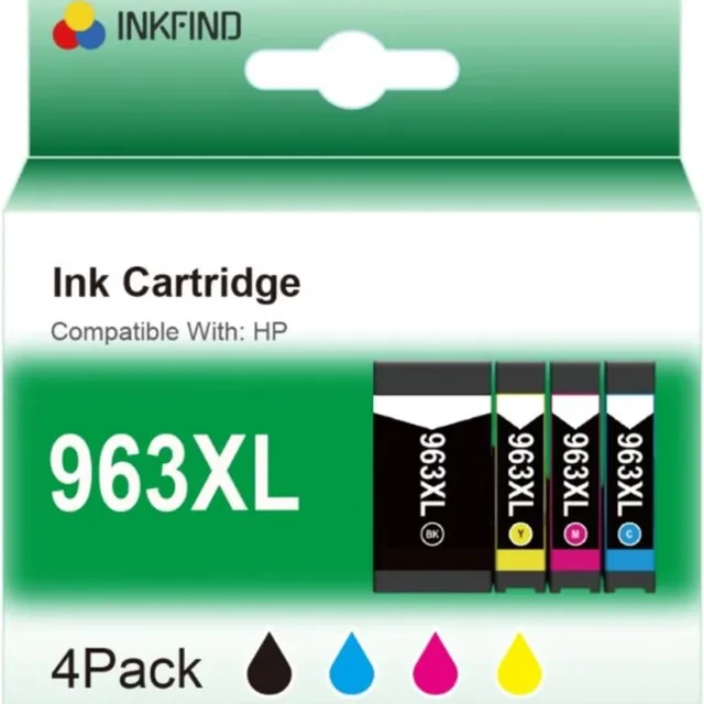 INKFIND 963XL inktcartridges voor HP 963 HP963 HP 963XL 3YP35AE 3JA30AE 3JA27AE 3JA28AE 3JA29AE HP963 XL inkt van 4 stuks (1 x Zwart, 1 x Cyaan, 1 x Magenta, 1 x Geel) voor HP OfficeJet Pro 9010, 9014, 9012, 9020, 9025, 9015, 9016, 9019, 9022, 9018 Zwart x 1, Cyaan x 1, Magenta x 1, Geel x 1