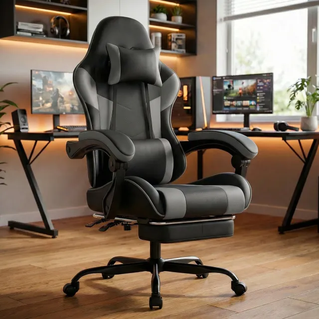 MODENUIT Gamingstoel 63 x 62 x 131 cm - Verstelbare Rugleuning - Voor Werk en Gamen - Kunstleer Zwart Grijs