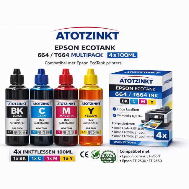 AtotZinkt Epson Ecotank ET-2650 664 t664 navulinkt huismerk inktflesjes 4x100 ml Kleur+zwart Bk/C/M/Y