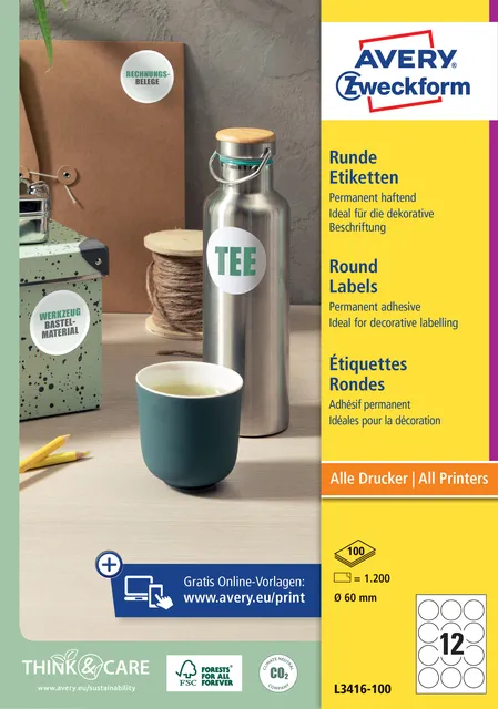 Avery Zweckform Etiket Avery L3416 rond 60mm wit 1200 stuks