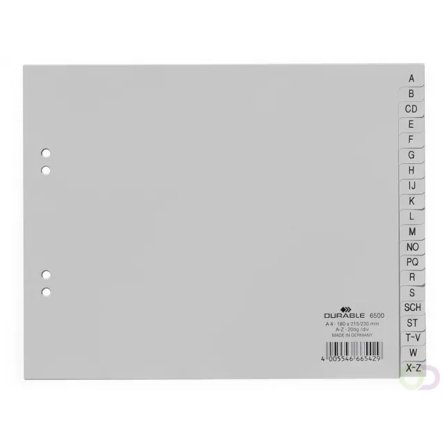 Durable Tabbladen A4 20-delig bedrukte tabs A-Z (Duits) deels voorblad PP grijs
