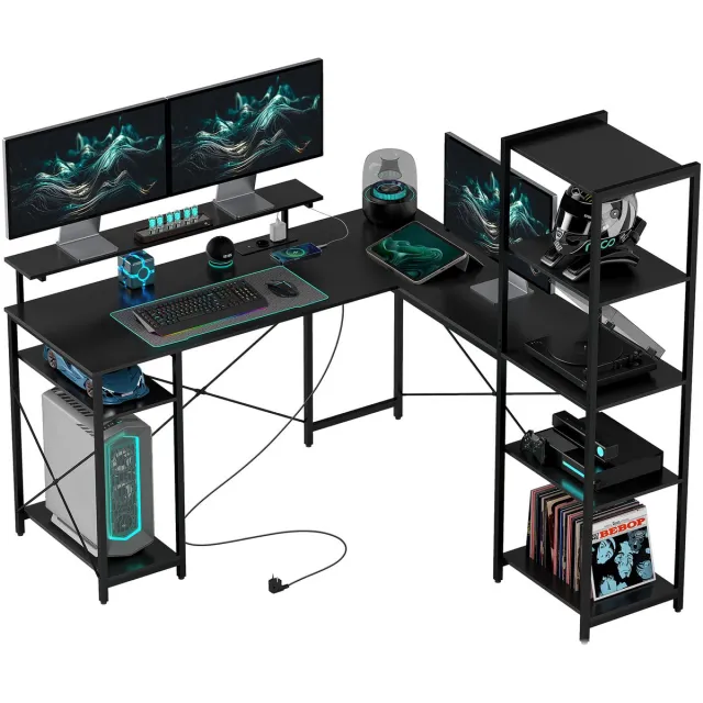 Homcom hoekbureau met opbergruimte en ladestation - L-bureau - Computerbureau - Zwart