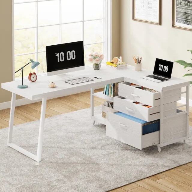 Little Trees LITTLE TREE Bureau Hoekbureau L vormig - Wit - 135 x 100 x 75 cm - Omkeerbaar Met 3 Laden En 2 Opbergplanken - Voor Thuiskantoor, Studiekamer, Gamekamer