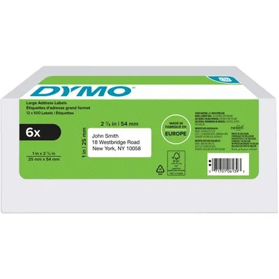Dymo Etiket Dymo LabelWriter adressering 25x54mm 6 rollen á 500 stuks wit