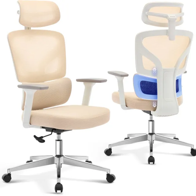 Triumpunpre Ergonomische Mesh Bureaustoel Met Voetensteun - Verstelbare Hoofd‑ En Lendensteun - 3D Armleuningen - 135° Reclinerend Kantoorstoel Voor Thuiswerkplek - Verchroomde Poten Wit Frame Beige