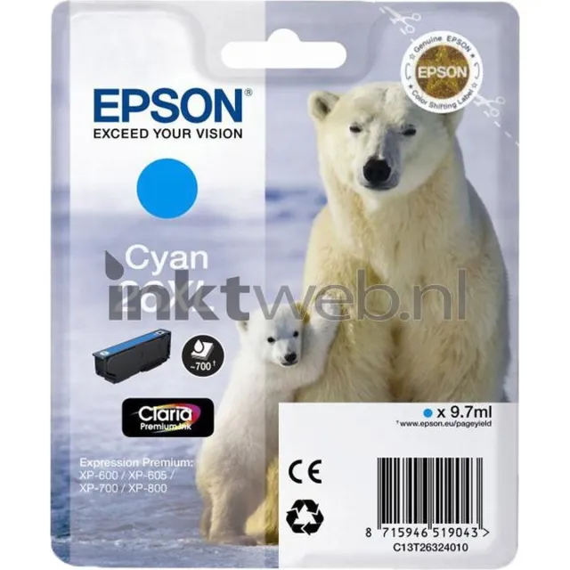 Epson 26XL (T2632) - Inktcartridge / Cyaan / Hoge Capaciteit