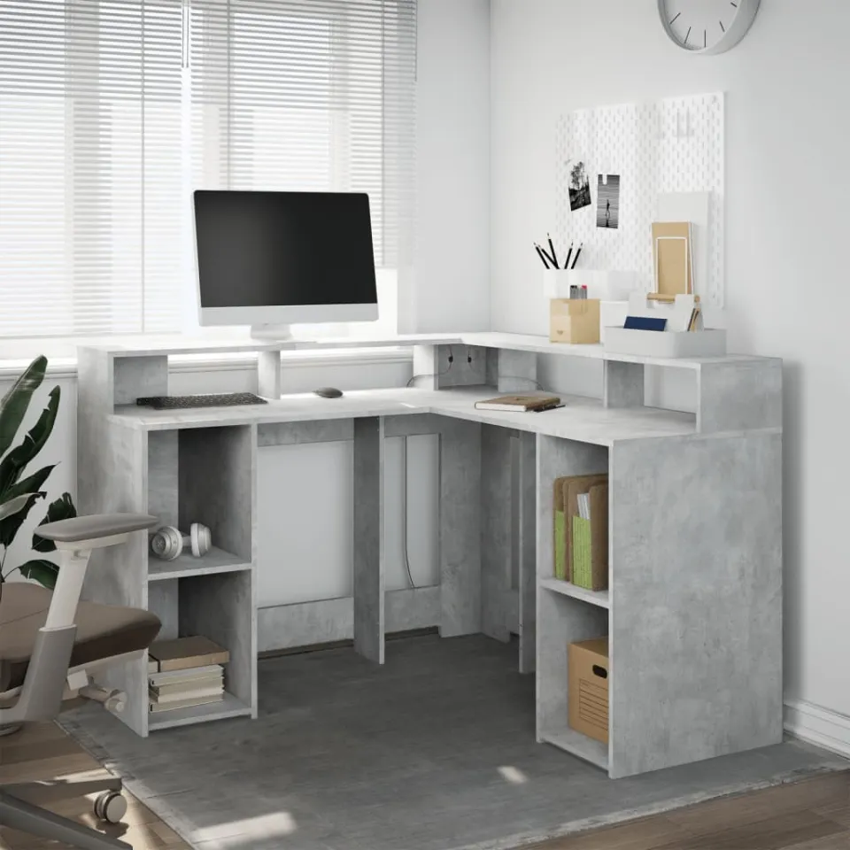 vidaXL Bureau met LED-verlichting 130x130x91 cm hout betongrijs grijs, foto 2