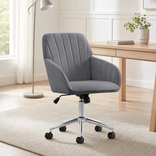 REDOM Bureaustoel - Verstelbare zithoogte - 360 graden draaibaar - Met vaste armleuningen en wielen - Ergonomisch - Thuis en slaapkamer - Velvet - Grijs - 60 x 97 cm