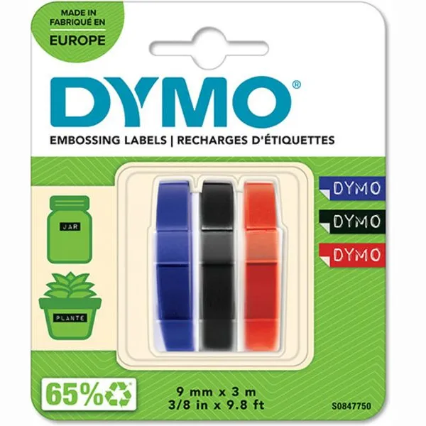 Reliëftape dymo embossing vinyl 9mm assorti 3 Stuks wit op zwart/rood/blauw