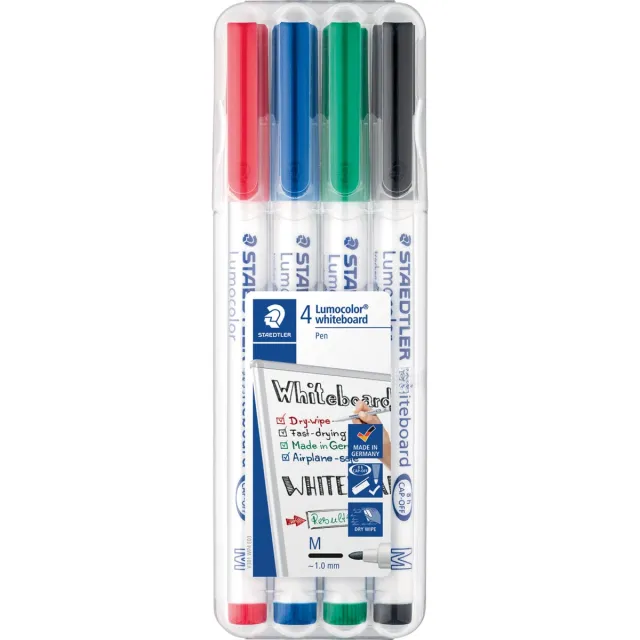 Staedtler whiteboard pen Lumocolor Pen, opstelbare box met 4 stuks in geassorteerde kleuren blauw