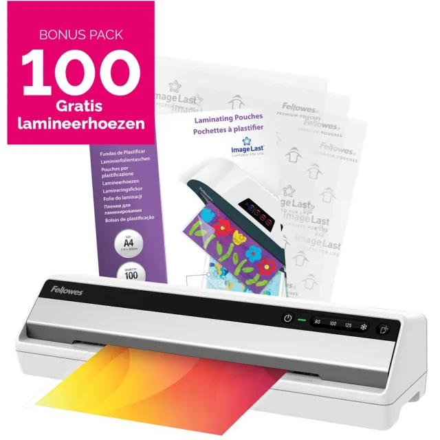 Fellowes lamineermachine Saturn voor ft A3 + Bonus Pack van 100 lamineerhoezen (A4, 80 micron) grijs