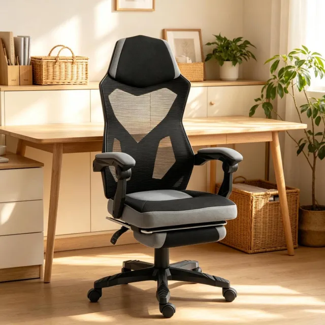 OKWISH Gamingstoel Bureaustoel 58 X 63 X 112 122 Cm Ergonomisch Verstelbare Zithoogte Mesh Hoofdsteun Armleuningen Voetsteun Zwart Grijs Zwart / grijs
