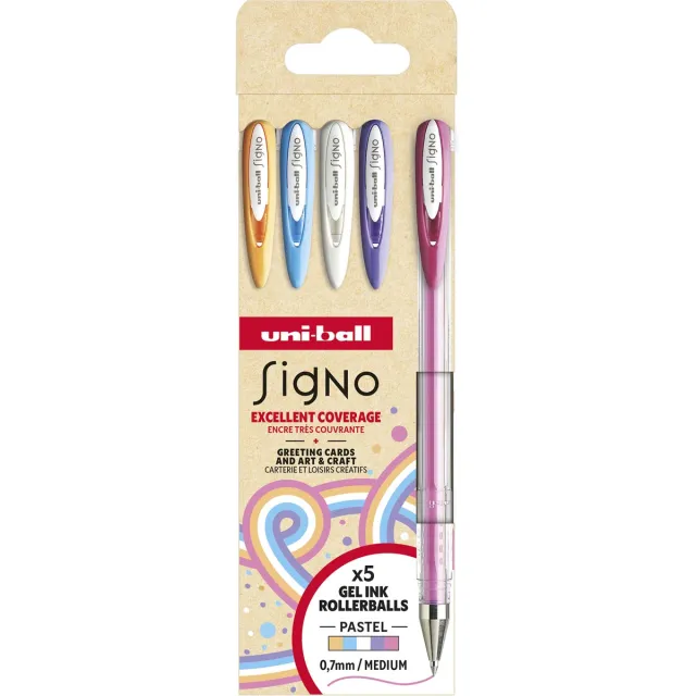 Uni-ball roller Signo Pastel, medium punt, geassorteerde kleuren, etui van 5 stuks blauw