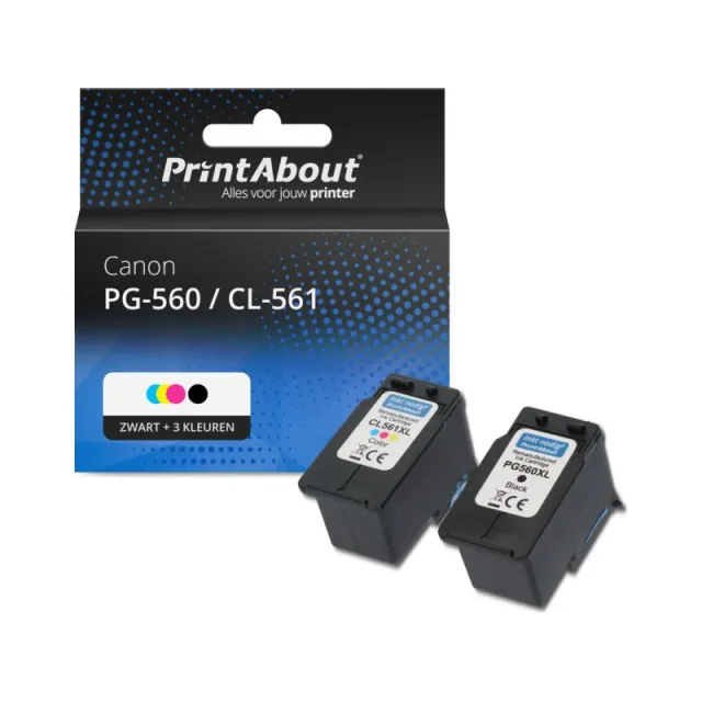 PrintAbout huismerk Inktcartridge PG-560 / CL-561 Zwart + 3 kleuren Multipack Geschikt voor Canon