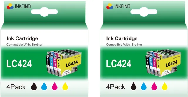 INKFIND LC424 inktcartridge voor Brother LC424 LC-424 BrotherLC424 inktcartridge multipack 8 stuks (2 x 4 pack=Zwart x 2, Cyaan x 2, Magenta x 2, Geel x 2)