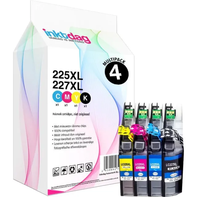 inktdag inktcartridges voor Brother LC225XL / LC227XL, multipack van 4 kleuren (1*BK, C, M en Y) Zwart (28 ml)