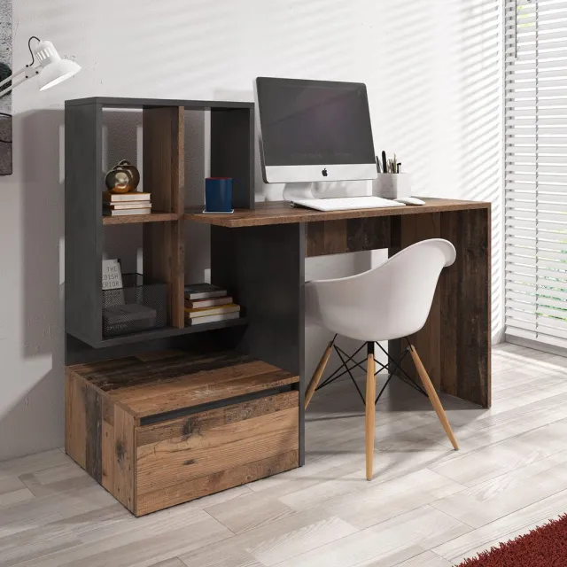 MEUBELLA Bureau Pierre 2 - Donker eiken - Antraciet - 145 cm Bruin|Grijs