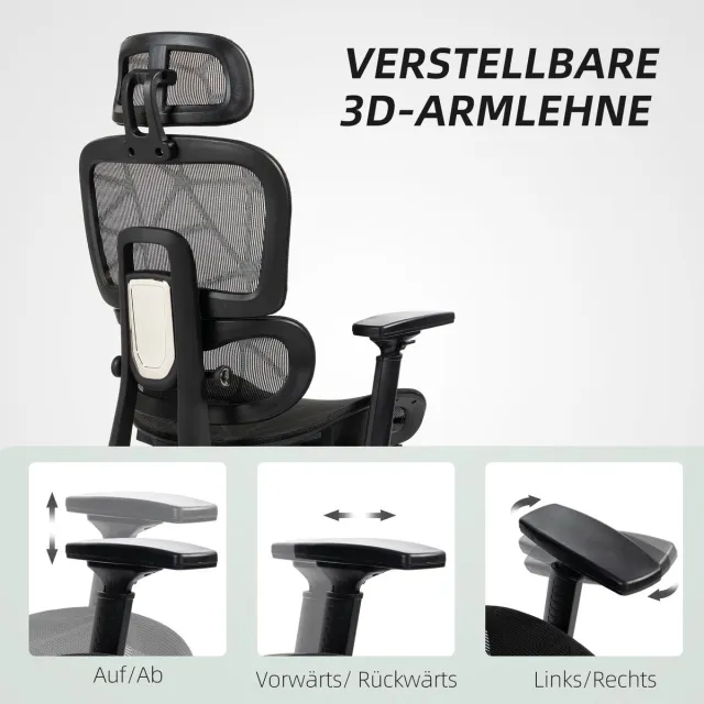 FloraGrace Ergonomische Bureaustoel – Verstelbare Hoofdsteun, Armleuningen En Lendensteun – Voor Werk En Ontspanning – Polyester – Zwart