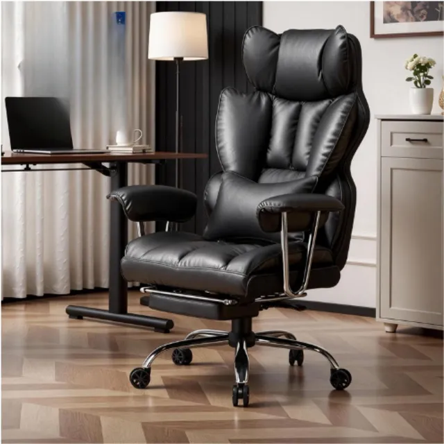 Efomao Ergonomische Directiestoel Van PU Leer - Bureaustoel Tot 200 Kg - Met Voetensteun En Lendensteun - Verstelbare Hoge Rugleuning - Luxe Comfortabele Kantoorstoel Voor Thuis En Werk - Zwart