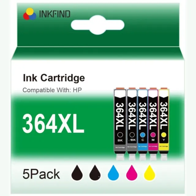 INKFIND 364XL voor HP364 HP 364 HP364X HP 364XL inkt van 5 stuks (Zwart x 2 Cyaan x 1 Magenta x 1 Geel x 1) voor HP Photosmart 5510 5514, 5515, 5520, 5522, 5524, 5525, 6510, 6520, 6525, 7510, 7520, B109n, B110, B209a, B210, B8550, C5380, C6380, D5460 Zwart x 2, Cyaan x 1, Magenta x 1, Geel x 1