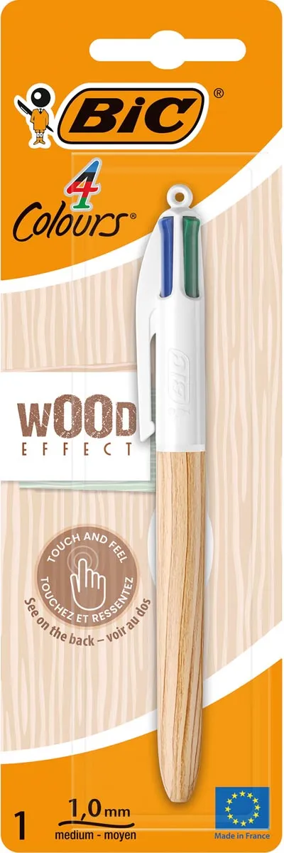Bic Colours Wood Style, 4-kleurenbalpen, medium, klassieke inktkleuren, op blister blauw