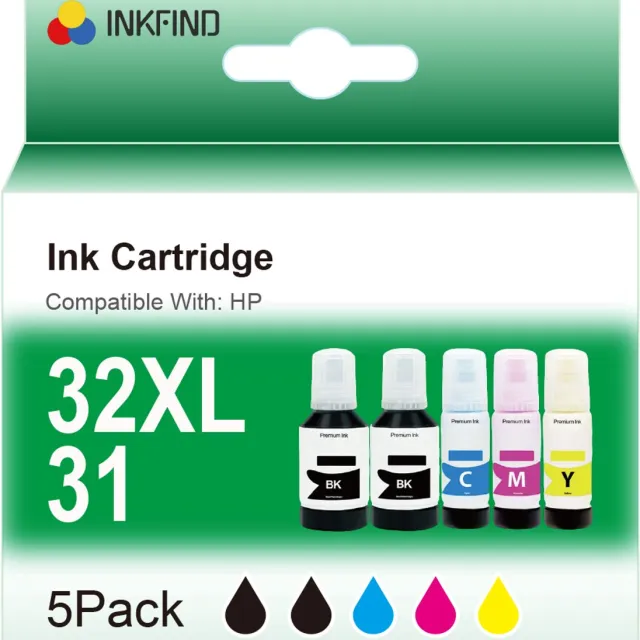 INKFIND 32XL 31 inkt geschikt voor HP32XL HP 32XL HP31 HP 31 1VV24AE 1VU26AE 1VU27AE 1VU28AE multipack van 5 stuks (2 x zwart, 1 x cyaan, 1 x magenta en 1 x geel) voor HP Smart tank 5106 HP Smart tank 7005 HP Smart tank 7300 7600 2 x Zwart 90ml, 1 x Cyaan 70ml, 1 x Magenta 70ml, 1 x Geel 70ml