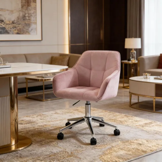 COVREO Bureaustoel 61 cm roze, velvet met armleuningen en wielen Pink