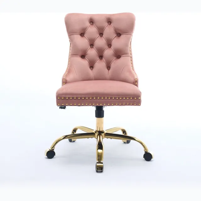 MUVANO Roze fluwelen bureaustoel - Velours bureaustoel - Thuiswerkstoel-Bureaustoel goud – Gecapitonneerd – Brede zitting – Gouden poten - Drievoudige vering - Thuiswerkplek - 63x50x98cm- Verstelbaar-Roze