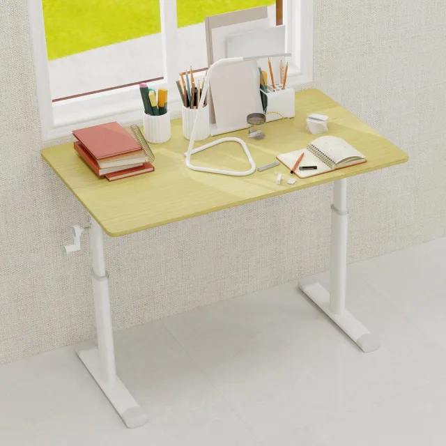 MEUNIQ Verstelbaar zit-sta bureau 100 x 60 cm, handmatige slingerhoogte 60-90 cm, dubbel kolomonderstel, houtkleurig blad voor thuiswerkplek Wood