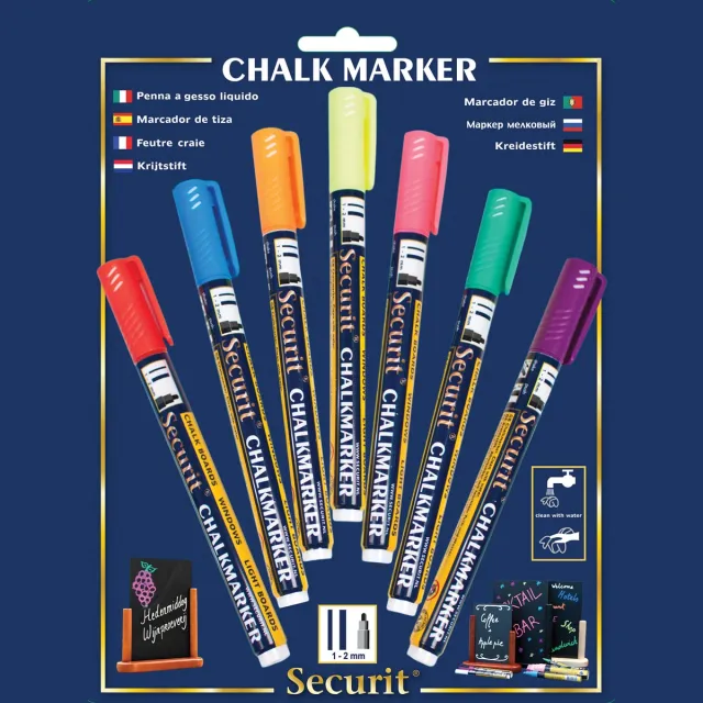 Securit krijtmarker small, blister met 7 stuks in geassorteerde kleuren blauw