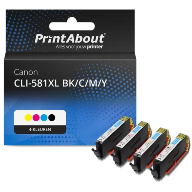 PrintAbout Huismerk Canon CLI-581XL BK/C/M/Y Inktcartridge 4-kleuren Voordeelbundel Hoge capaciteit