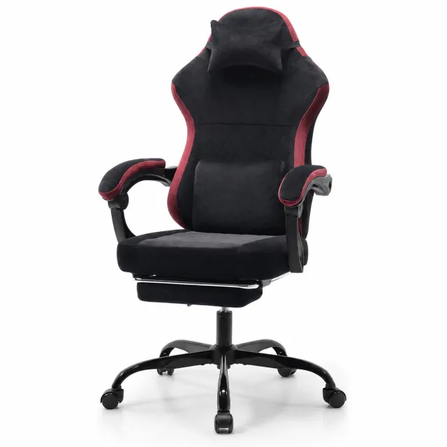 REDOM Gamingstoel - Verstelbare hoogte - Hoofdsteun en lendenkussen - Kantelbare rugleuning - Stille wielen - Thuiswerk en gaming - Stof - Zwart rood - 58,5 x 63 x 120,5 cm Zwart en rood