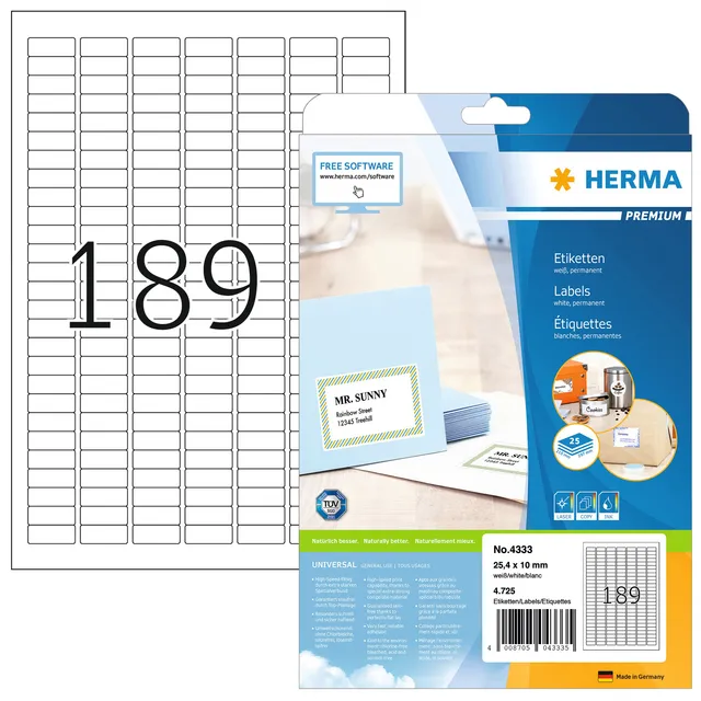 Herma PREMIUM etiketten, A4, 25,4 x 10 mm, wit, permanent hechtend