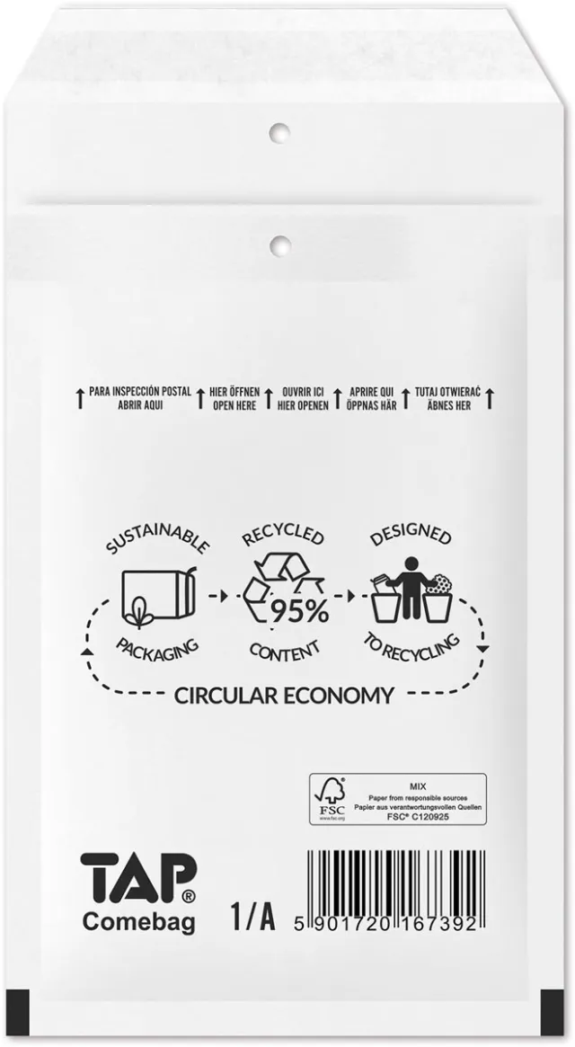 Jiffy Comebag luchtkussenenveloppen, ft 100 x 165 mm, met stripsluiting, wit, doos van 200 stuks