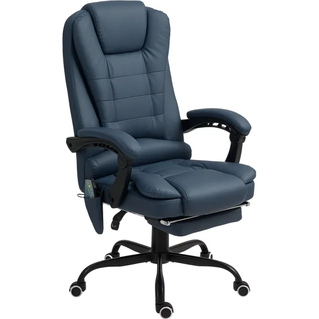 Lunpog Massage- en verwarmingsbureaustoel, ergonomische bureaustoel met verstelbare hoogte, verstelbare rugleuning, voetensteun, bedrade afstandsbediening, 360° draaibaar, Half-PU-leercoating, blauw