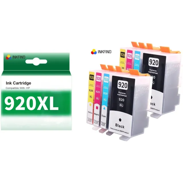 INKFIND 920XL inktcartridge voor HP 920 920XL inktcartridge multipack 8 stuks (Zwart x 2, Cyaan x 2, Magenta x 2, Geel x 2) voor HP OfficeJet 6500A HP OfficeJet 7500A 6500 6000 7500 7000 (8-pack)